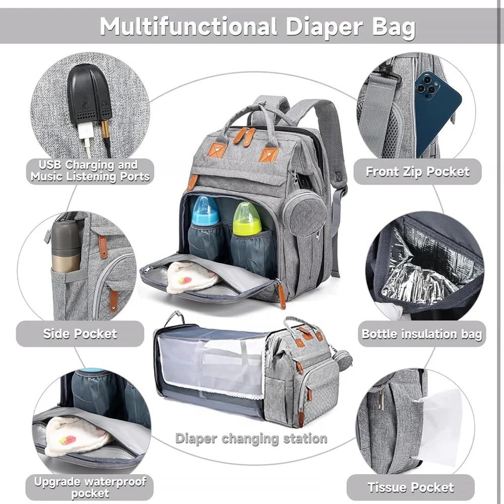 Baby‎ Diaper Bag Backpack - 7-in 1-Gray